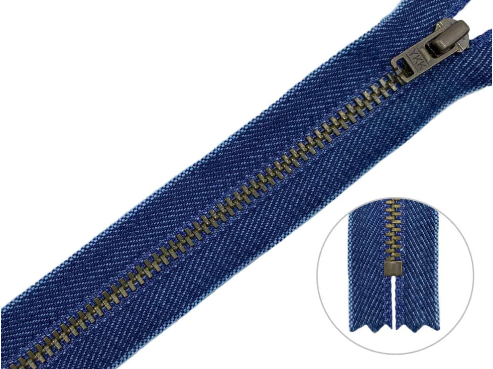 Джинсовая молния YKK T3, 20 см, бронза, основа цвета индиго, цена за 1 шт (арт.10/20-br)