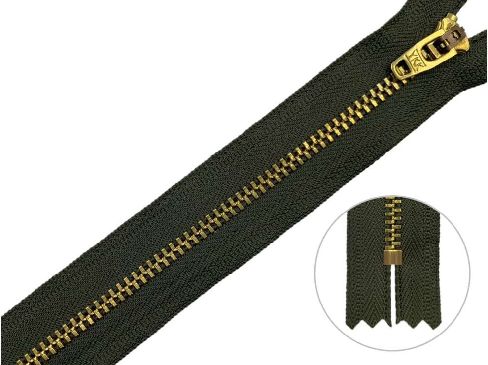 Джинсовая молния YKK T3, 18 см, золото, основа цвета хаки, цена за 1 шт (арт.1/18g-078)