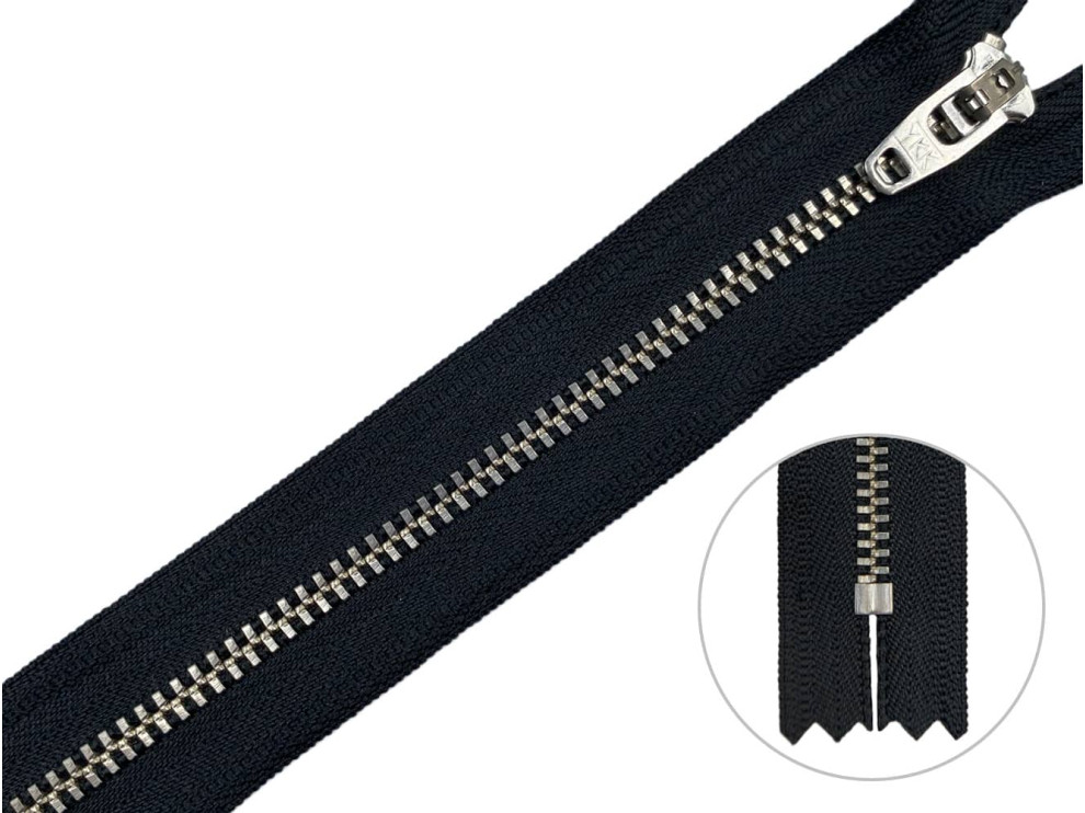 Джинсовая молния YKK T3, 12 см, никель, чёрная основа, цена за 1 шт (арт.8/12n-bl)